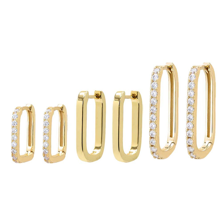 Gold Triple Solid/Pave Paperclip Huggie Earring Combo Set - Adina Eden's Jewels