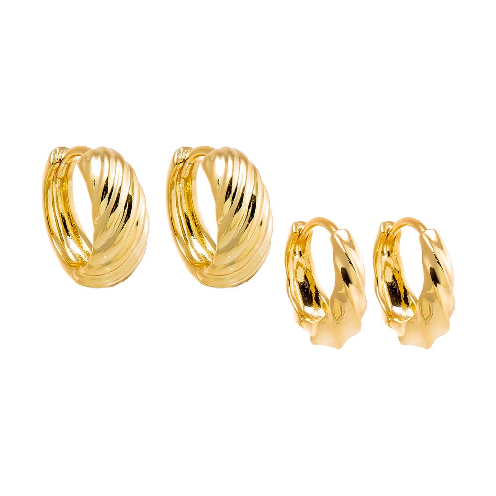 Gold Solid Curved & Ridged Huggie Earring Combo Set - Adina Eden's Jewels