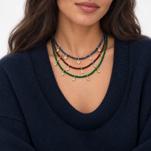 Lapis Beaded CZ Oval Bezel Dangle Charm Necklace - Adina Eden's Jewels