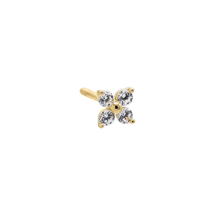 14K Gold / Single CZ Four Leaf Flower Stud Earring 14K - Adina Eden's Jewels