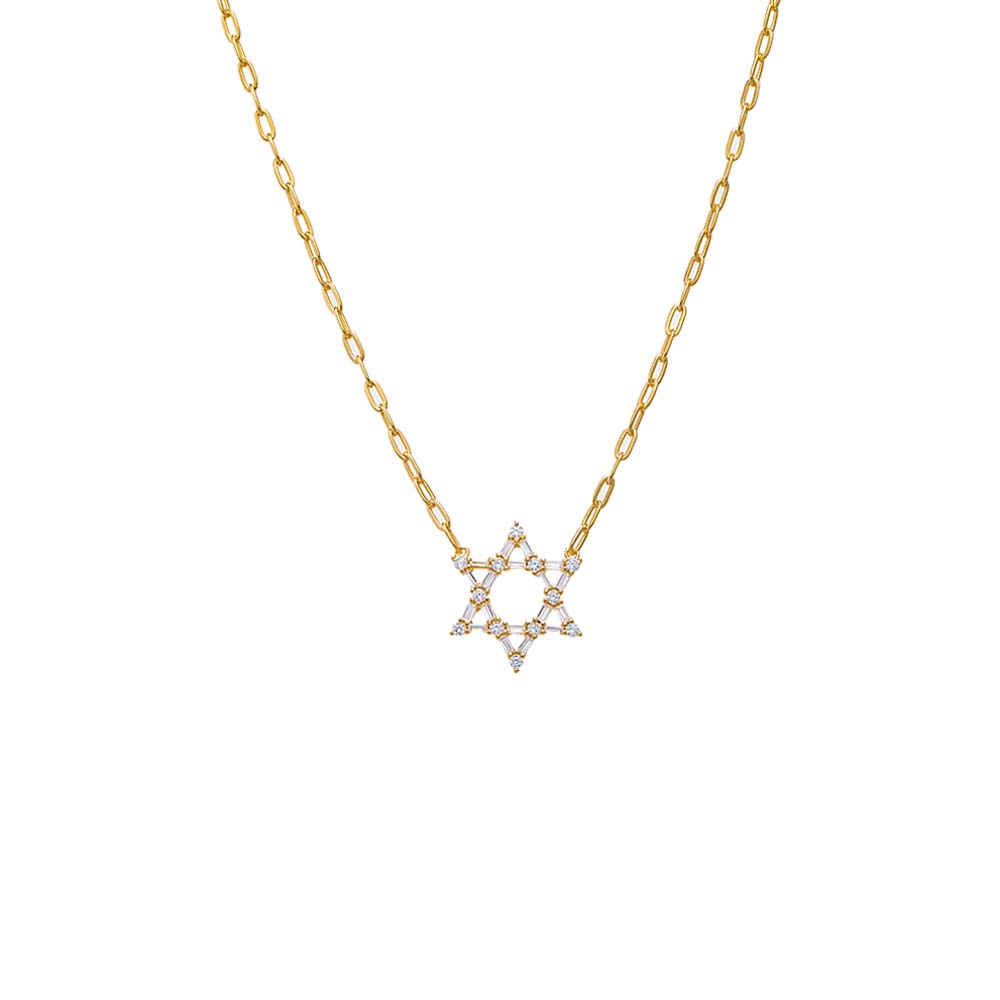 Gold CZ Solitaire X Baguette Star of David Necklace - Adina Eden's Jewels