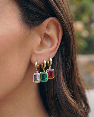 Emerald Cut Colored Drop Huggie Earring