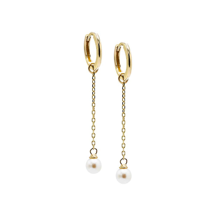 14K Gold Dangling Chain Pearl Drop Huggie Earring 14K - Adina Eden's Jewels