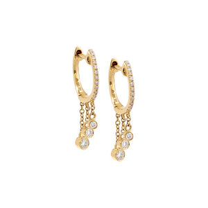 14K Gold / Pair Diamond Bezel Dangling Huggie Earring 14K - Adina Eden's Jewels