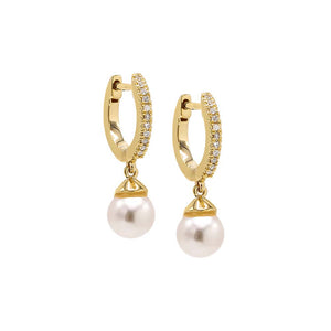 14K Gold / Pair Tiny Dangling Pearl Diamond Huggie Earring 14K - Adina Eden's Jewels