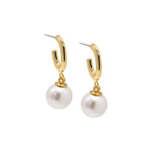 Gold Hollow Oval Shaped Dangling Pearl Hoop Earring - Adina Eden's Jewels