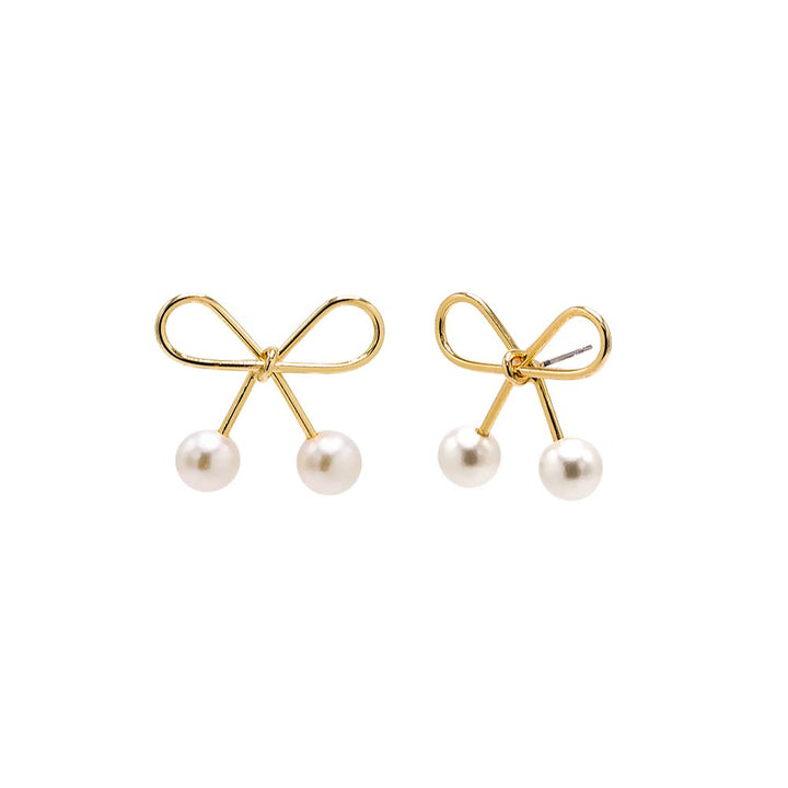 Gold Bow Tie Double Pearl Stud Earring - Adina Eden's Jewels