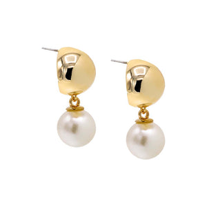 Gold Solid Wide Dome Dangling Pearl Hoop Earring - Adina Eden's Jewels