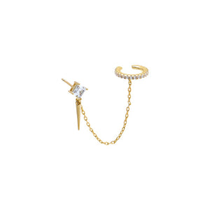 Gold CZ Princess Spike Dangle Chain Stud/Ear Cuff Earring - Adina Eden's Jewels