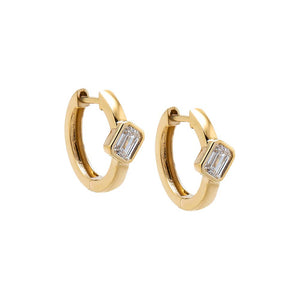 14K Gold Lab Grown Diamond Emerald Bezel Huggie Earring 14K - Adina Eden's Jewels