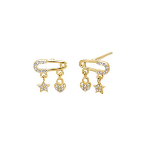 Pave Safety Pin Charm Stud Earring