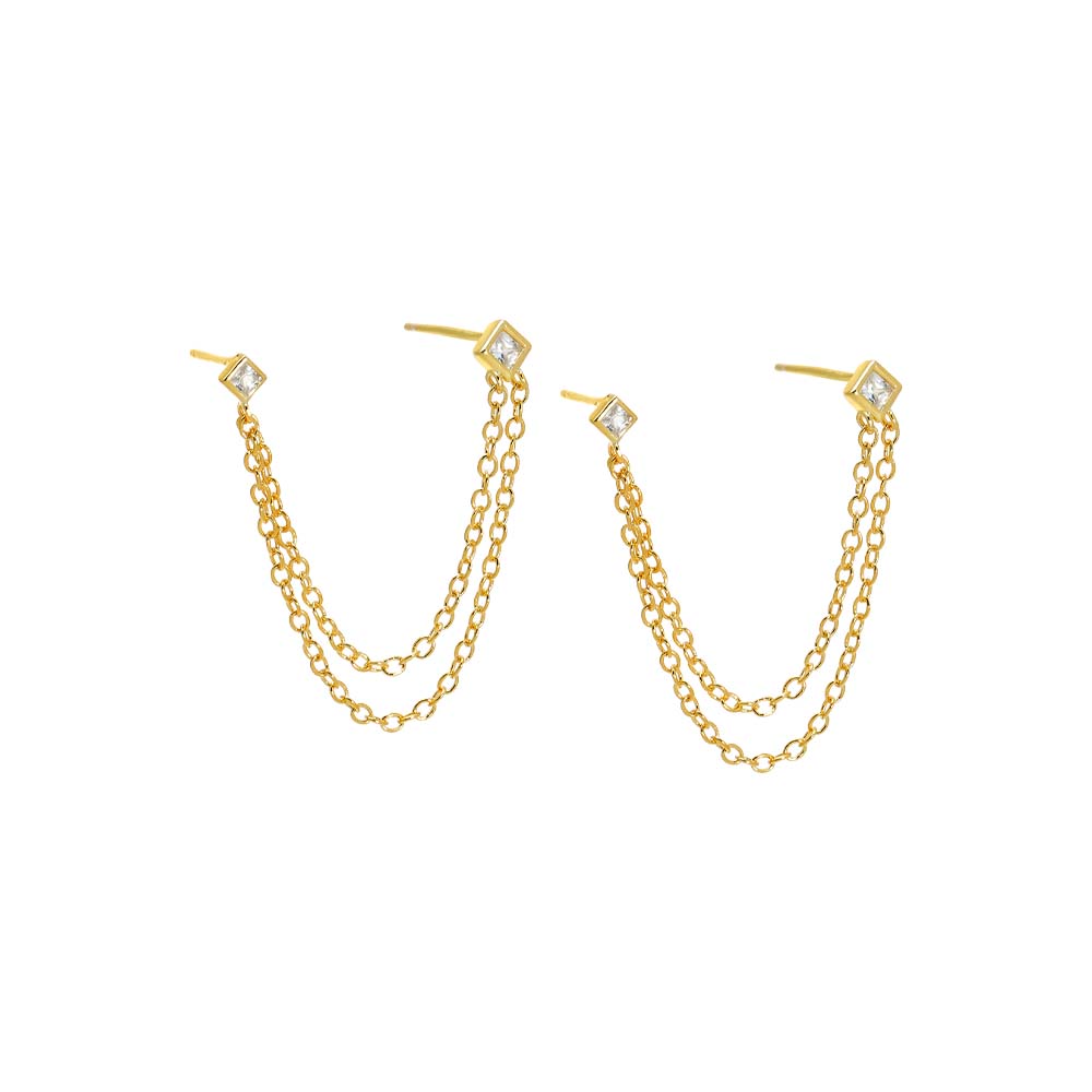 CZ Square Bezel Double Chain Drop Earring