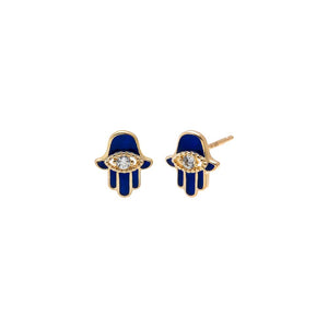 CZ Blue Hamsa Stud Earring 14K
