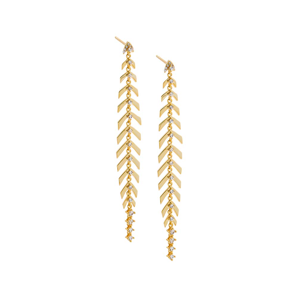 Gold Colored Fishbone Long Drop Stud Earring - Adina Eden's Jewels