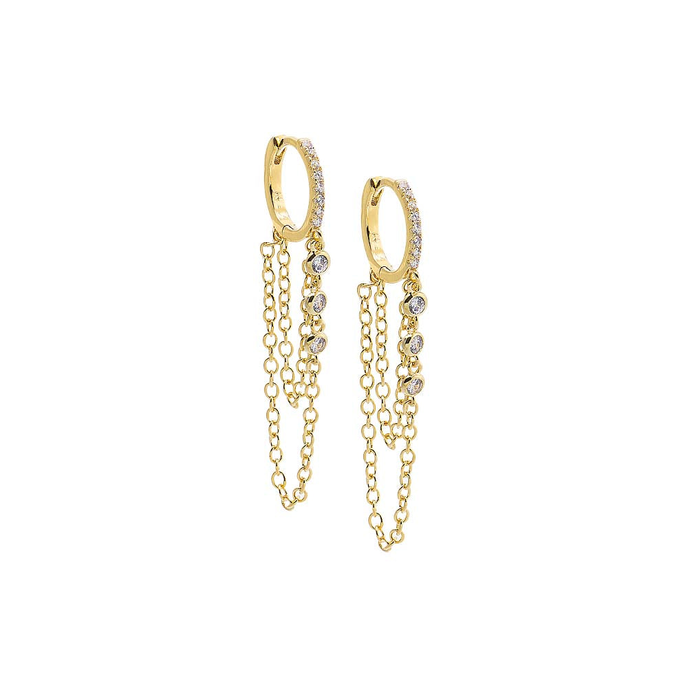 Gold Triple CZ Bezel Chain Drop Huggie Earring - Adina Eden's Jewels