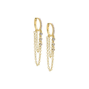 Gold Triple CZ Bezel Chain Drop Huggie Earring - Adina Eden's Jewels