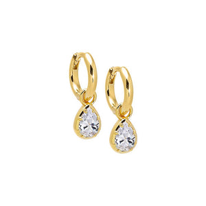 CZ Pear Bezel Dangling Huggie Earring