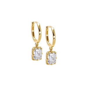 Gold Moissanite Emerald Bezel Dangling Huggie Earring - Adina Eden's Jewels