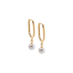 Paperclip Dangling Pearl Drop Huggie Earring 14K
