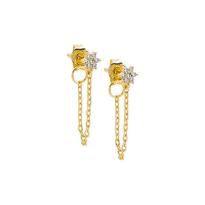 Gold CZ Flower Cluster Front Back Chain Stud Earring - Adina Eden's Jewels