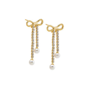 Pearl Bow Tennis Drop CZ Stud Earring