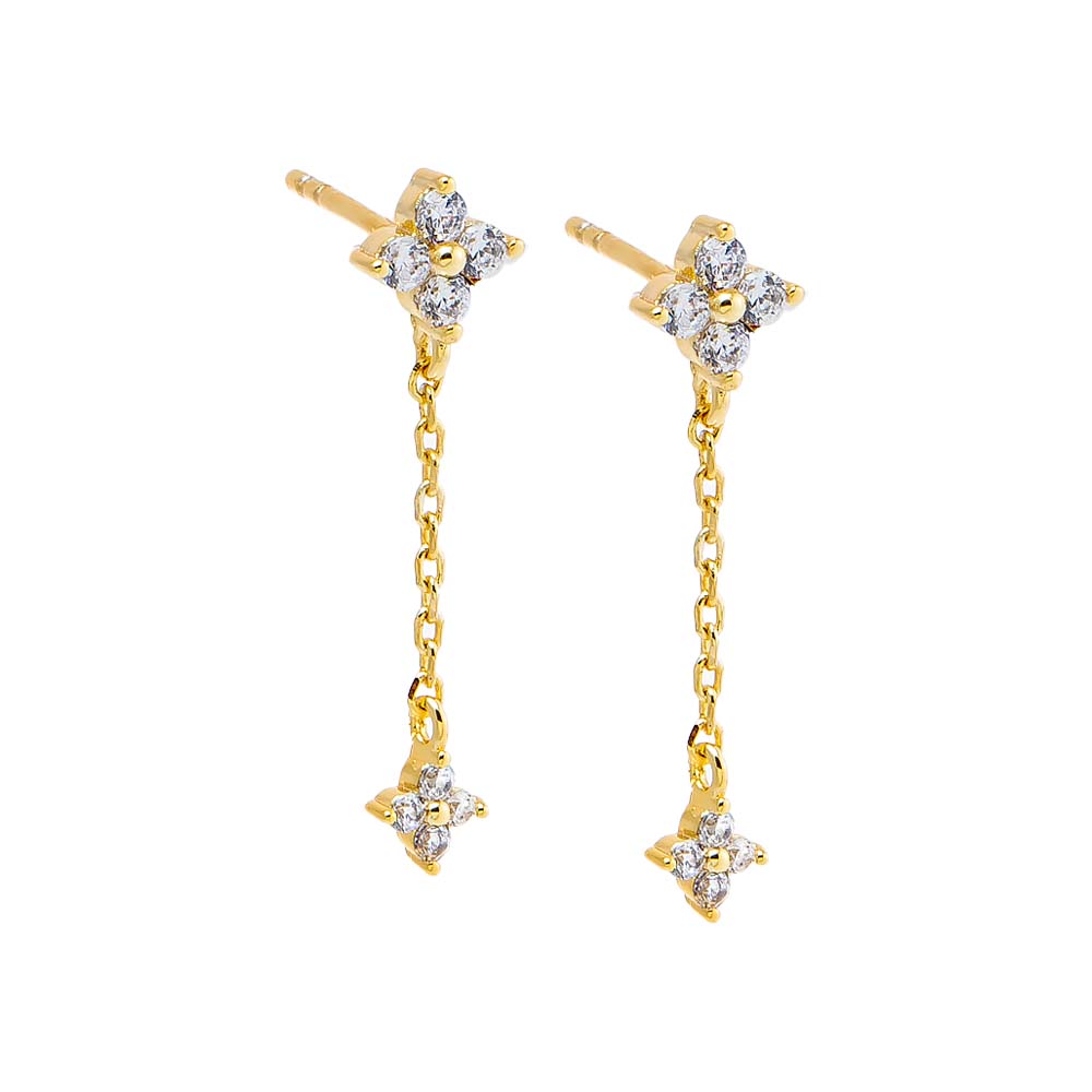 Gold CZ Flower Chain Drop Stud Earring - Adina Eden's Jewels