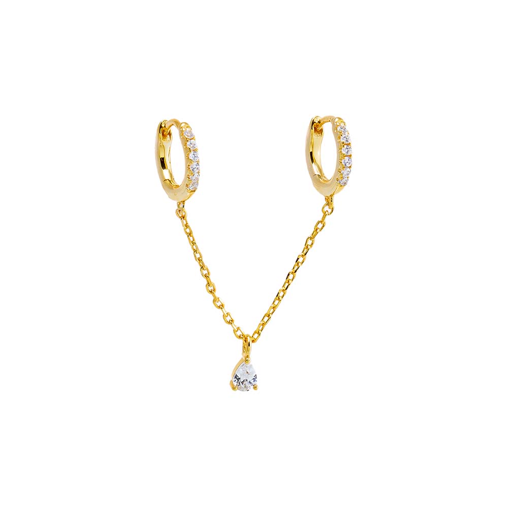 Gold CZ Dangling Pear Chain Huggie Earring - Adina Eden's Jewels