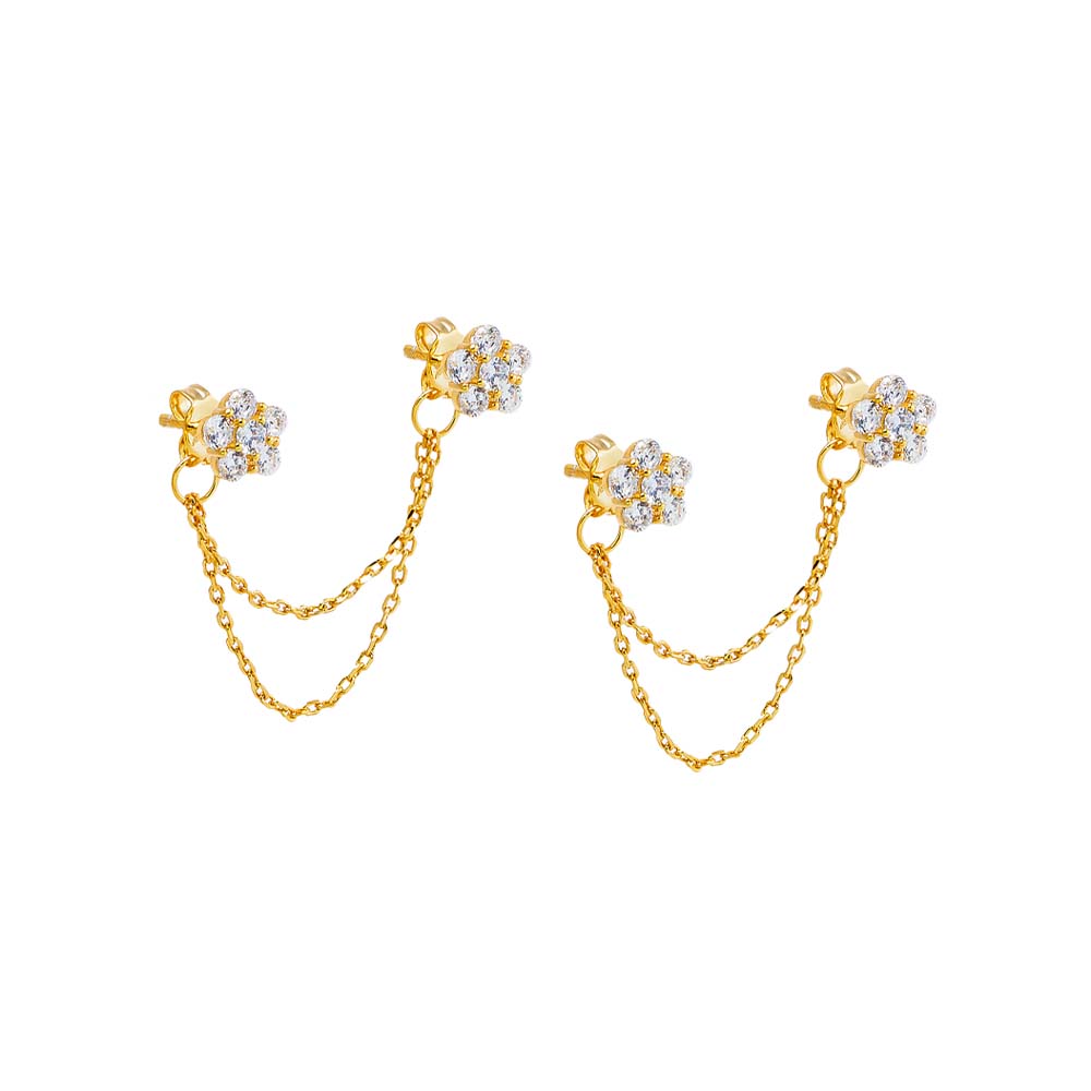 Gold CZ Double Flower Chain Stud Earring - Adina Eden's Jewels