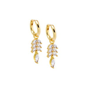 Gold CZ Marquise Dangling Fish Bone Huggie Earring - Adina Eden's Jewels