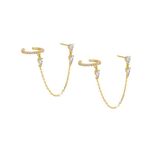 Gold Multi CZ Chain Stud X Ear Cuff Earring - Adina Eden's Jewels