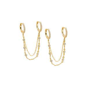 Gold CZ Bezel Station Double Chain Huggie Earring - Adina Eden's Jewels