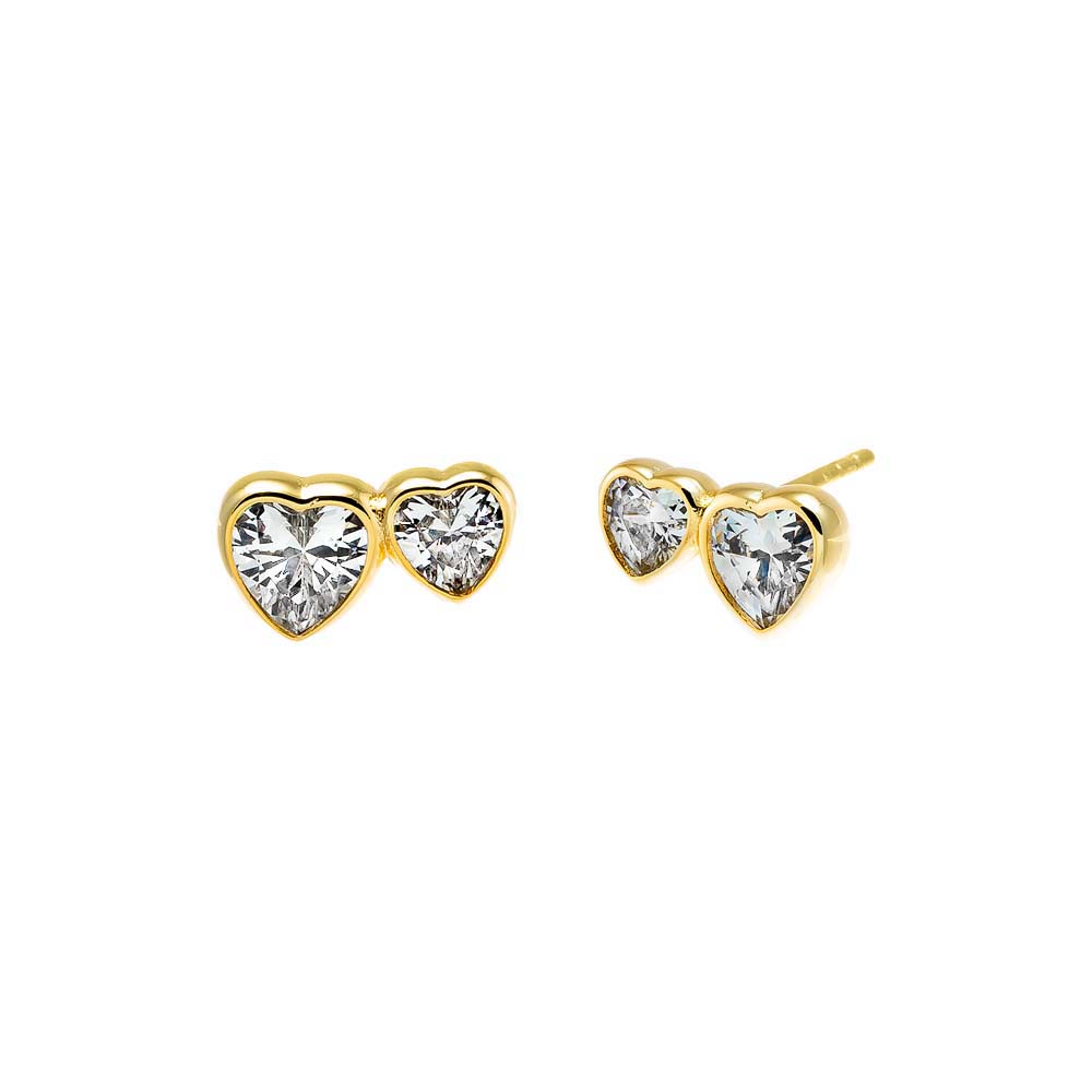 Gold CZ Bezel Double Heart Stud Earring - Adina Eden's Jewels
