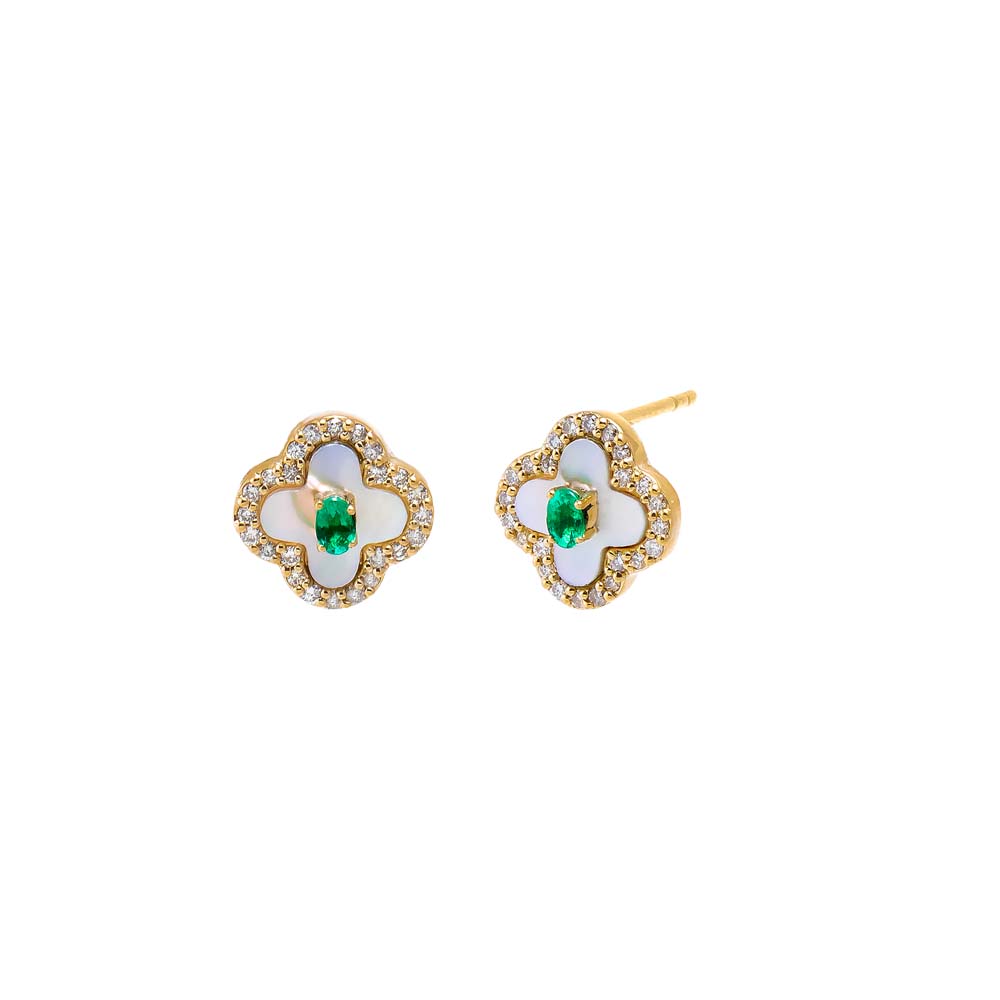 Mother of Pearl Diamond Pave & Emerald Clover Stud Earring 14K - Adina Eden's Jewels