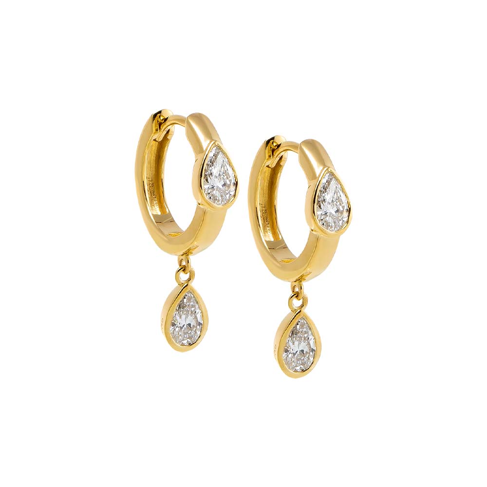 14K Gold Lab Grown Diamond Dangling Pear Bezel Huggie Earring 14K - Adina Eden's Jewels