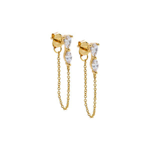 Double Pear CZ Chain Front Back Stud Earring