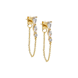 Triple Pear CZ Chain Front Back Stud Earring