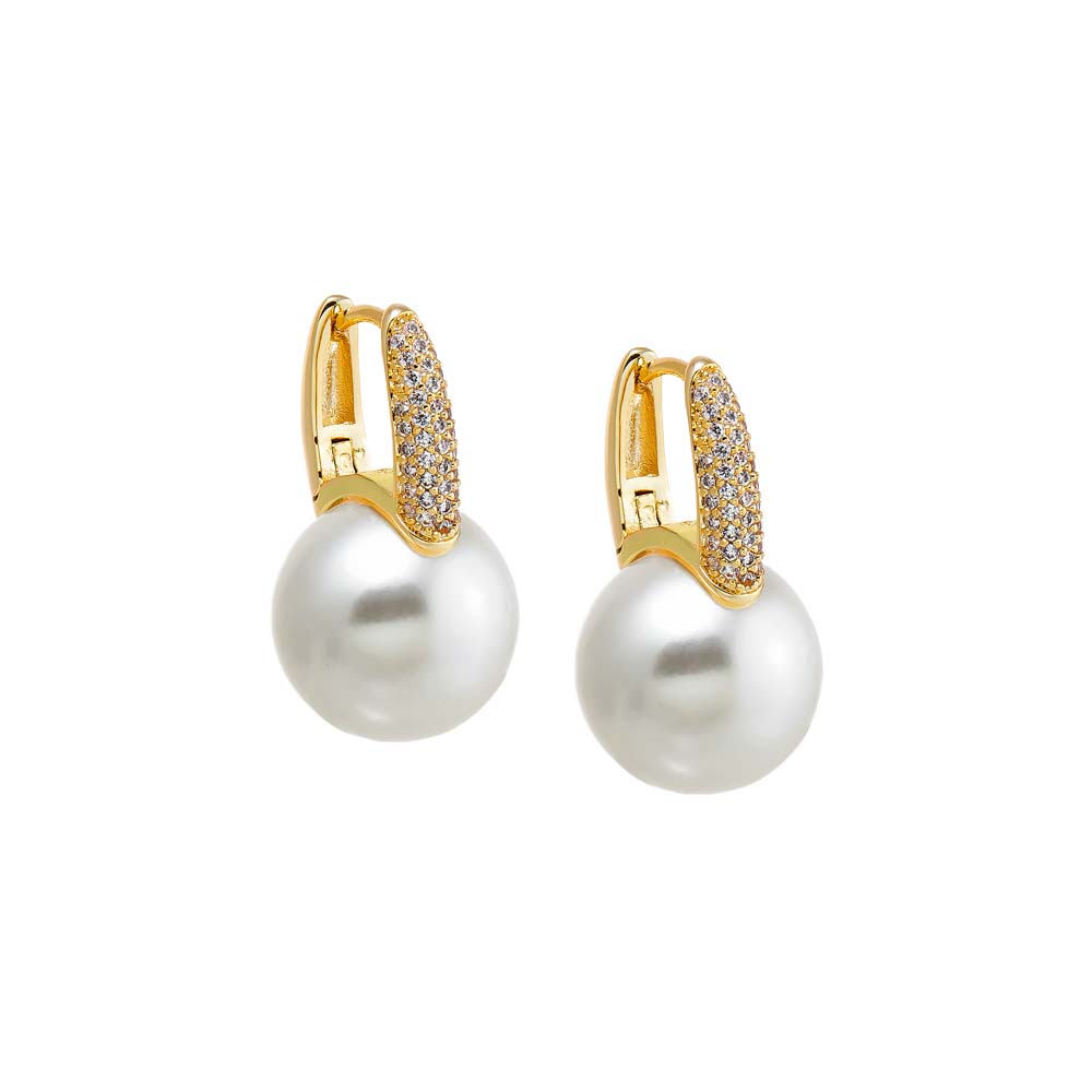 Pearl White Pave X Drop Pearl Square Huggie Earring - Adina Eden's Jewels