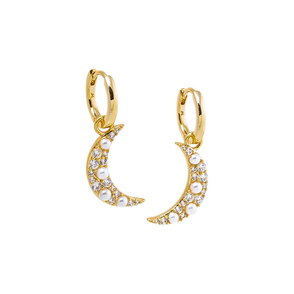 Pearl White CZ & Pearl Crescent Drop Huggie Earring - Adina Eden's Jewels