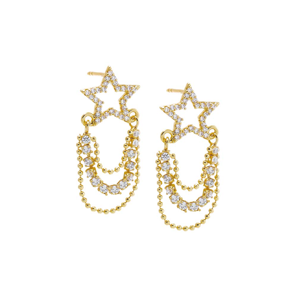 Gold Pave Cutout Star Drop Tennis & Chain Stud Earring - Adina Eden's Jewels
