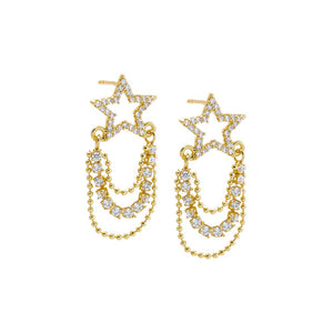 Gold Pave Cutout Star Drop Tennis & Chain Stud Earring - Adina Eden's Jewels