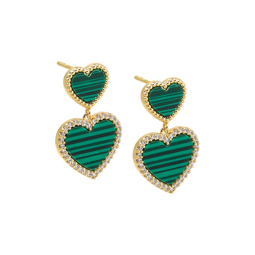 Malachite Pave Outline Double Heart Colored Stone Stud Earring - Adina Eden's Jewels