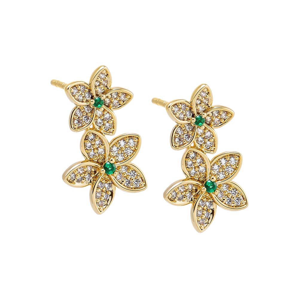 Gold Pave Double Flower Stud Earring - Adina Eden's Jewels