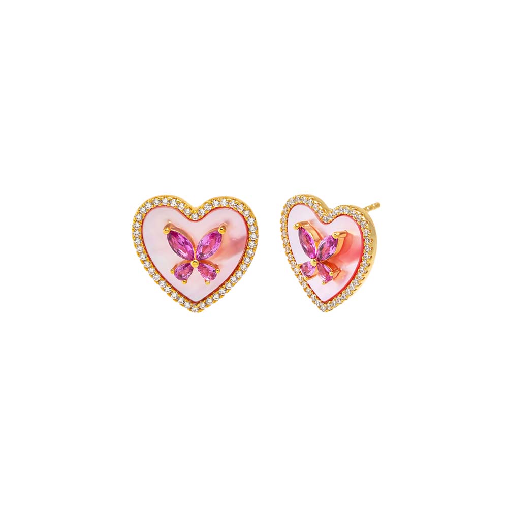Pink Mother Of Pearl Pink CZ Butterfly Heart Stone Stud Earring - Adina Eden's Jewels