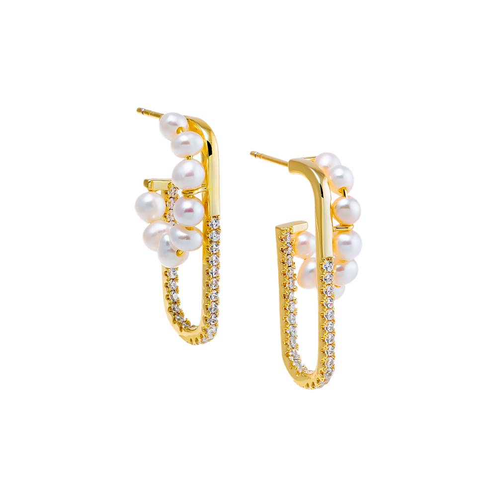 Pearl White Pave Paperclip & Pearl Open Hoop Earring - Adina Eden's Jewels