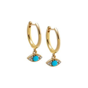 Turquoise Diamond X Turquoise Evil Eye Dangling Huggie Earring 14K - Adina Eden's Jewels