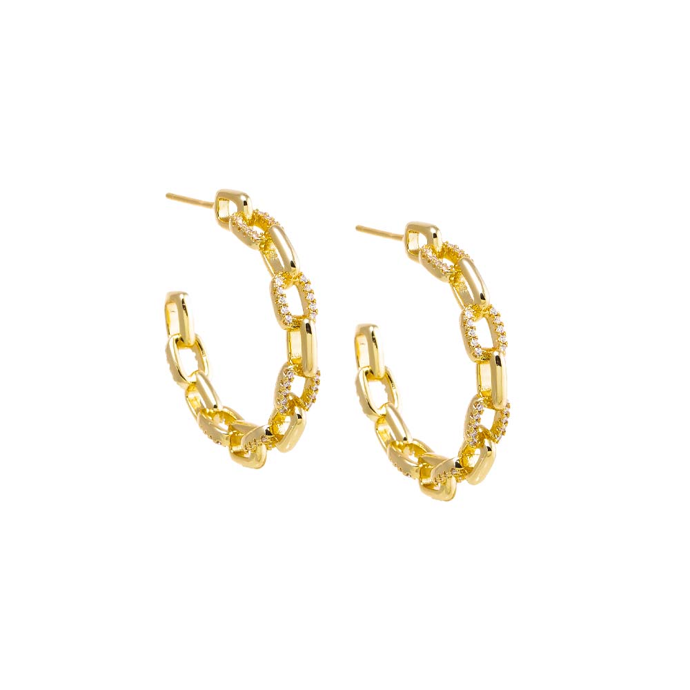 Gold Solid/Pave Box Link Open Hoop Earring - Adina Eden's Jewels