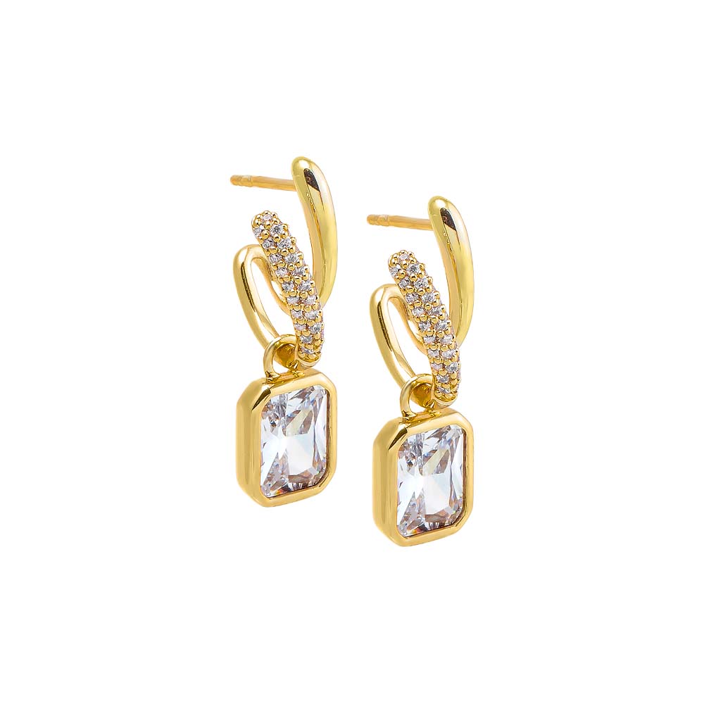 Gold Colored Dangling Baguette Bezel Double Hoop Earring - Adina Eden's Jewels