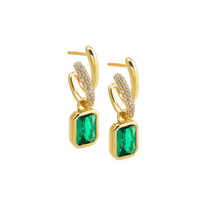 Emerald Green Colored Dangling Baguette Bezel Double Hoop Earring - Adina Eden's Jewels