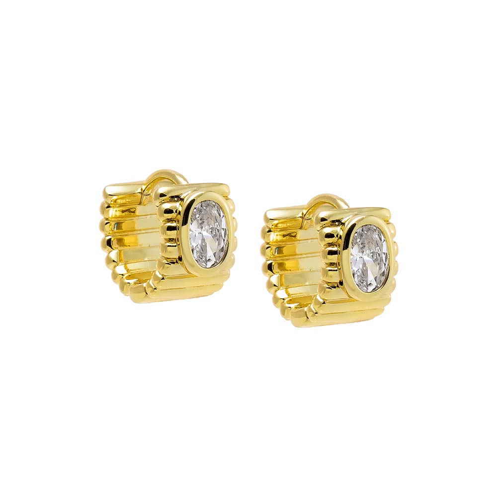 Gold CZ Oval Bezel Ridged Huggie Earring - Adina Eden's Jewels