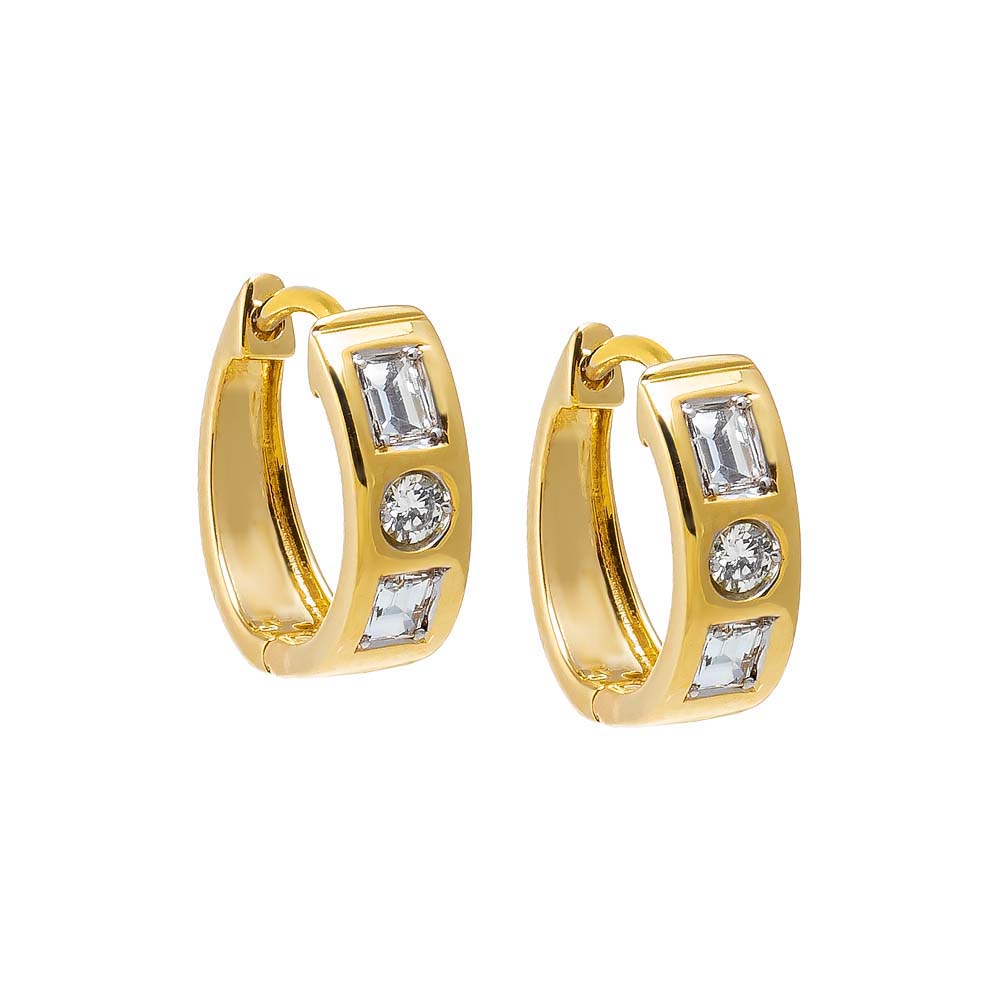 14K Gold Lab Grown Diamond Solitaire X Emerald Embedded Wide Huggie Earring 14K - Adina Eden's Jewels